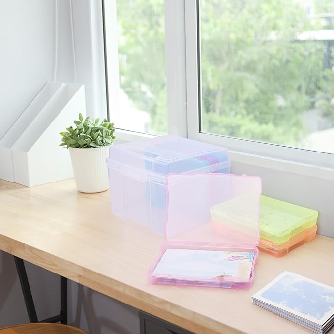 COSICS Photo Storage Box 5" x 7", Extra Large Transparent Plastic Photo Organizer Craft Keeper with 6 Colorful Inner Case for Cards, Pictures, Stamps, Stickers, Seeds, Office Supplies