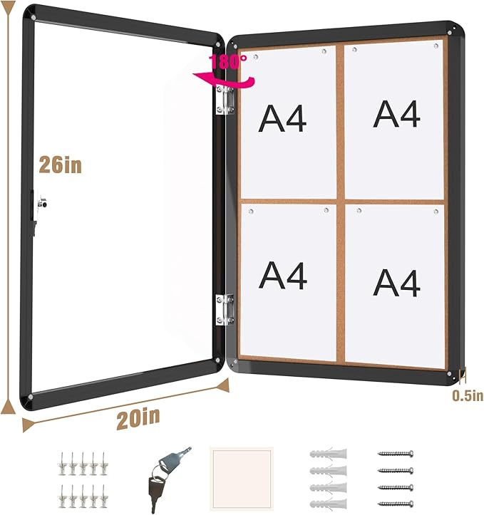 Mifuro 26"x20" Enclosed Bulletin Board, Lockable Weather-Resistant Aluminum Cork Noticeboard for School & Office, Black Frame w/Cork