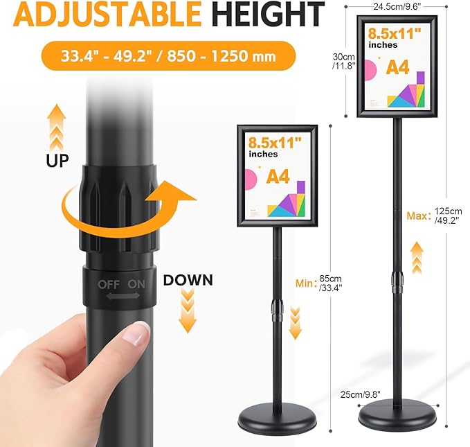 RedChili Sign Holder Stand 8.5x11 Inch, Adjustable Floor Standing Sign Holder Signage Stand with Aluminum Snap-Open Frame Vertical Horizontal View Display For Malls Schools Restaurants (Black, Sharp Corner)