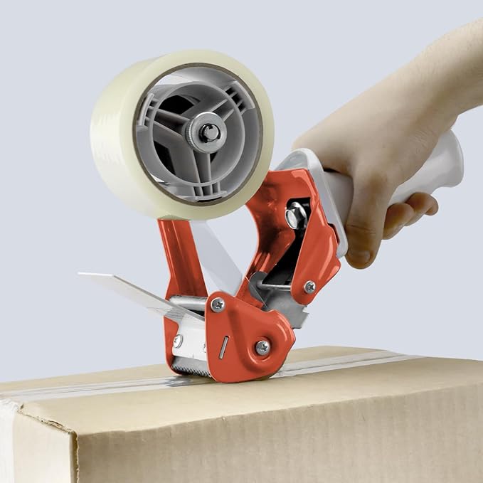 TAPEWELL Heavy Duty Metal Frame Orange Packing Tape Dispenser 3 Inch Core with Special Ergonomic Handle, Tape Gun for Packing Boxes with Premium Tempered Steel Blade - for 2 inch Wide Roll