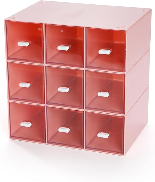 OSteed Desktop Drawers, Desk Organizer with 9 Drawers, Stackable Plastic Storage Box for Home Collection, Cosmetics, Jewelry, Office Supplies (3 Tiers, Pink)