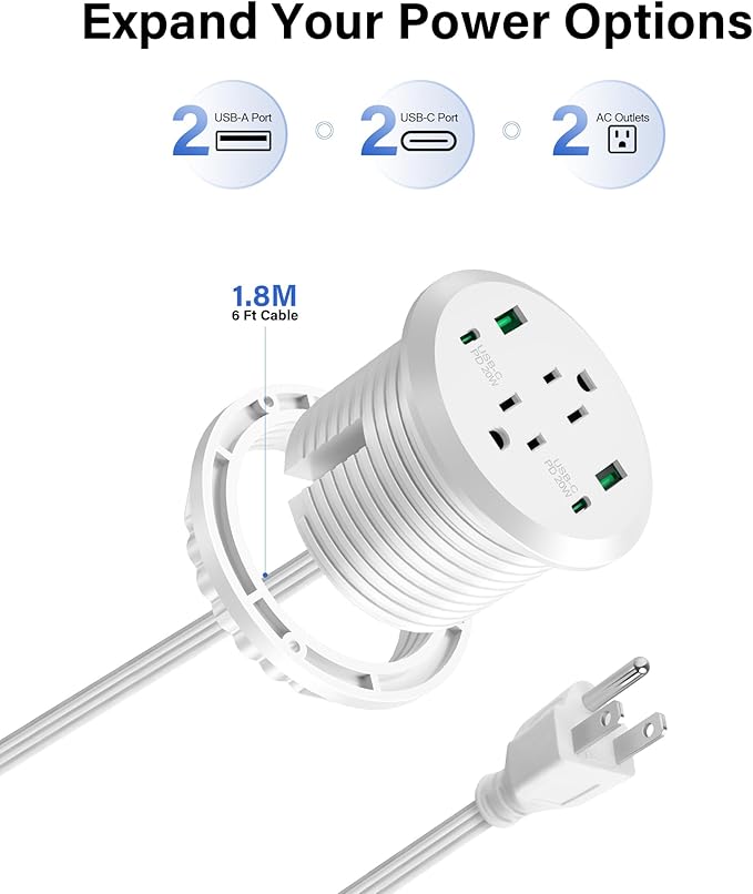 Desktop Power Grommet 3-inch Hole,40W Total Fast Charging Station, 2 PD 20W USB C Port,Flush-Mount Recessed Power Strip, 2 AC Outlets,4 USB Ports,in to The Top of Your Desk,6ft Cord