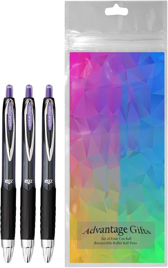 Advantage Gifts Signo 207 Roller Ball Retractable Gel Pens, Medium Point (0.7mm), Purple Ink, 3 Count, Bundle with Plastic Reusable Pouch