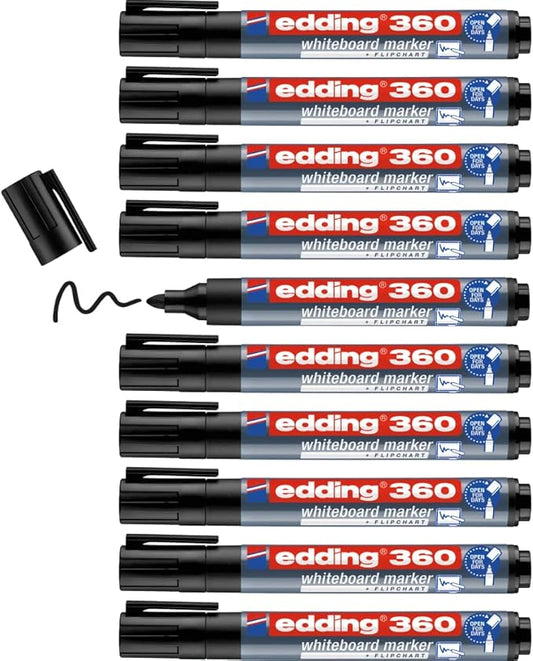 edding 360 whiteboardmarker - zwart - 10 whiteboardstiften - ronde punt 1,5 - 3 mm - boardmarker uitwisbaar - voor whiteboard, flipchart, magneetbord, prikbord, memobord - sketchnotes - navulbaar