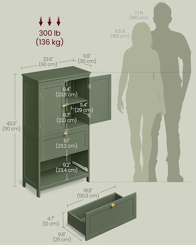 VASAGLE Floor Storage Cabinet, Freestanding Storage Unit with 2 Drawers and 2 Doors, Adjustable Shelf, 11.8 x 23.6 x 43.3 Inches, for Entryway, Bathroom, Forest Green UBBC551C01