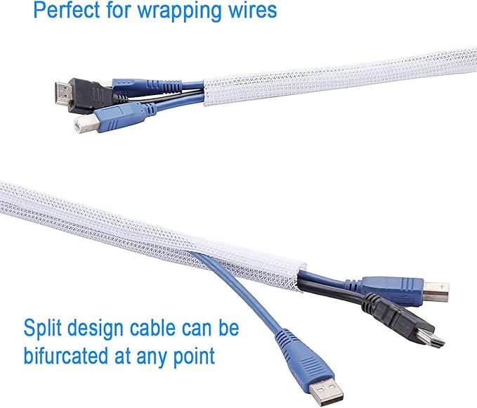 QCSIW 1/2" x 10ft Black/White Cable Sleeve - Protects Cords from Pets & Organizes Wires - Modern Style - Polyester Material - Flame Retardant - Easy to Use & Cut(White, 1/2"-10ft)