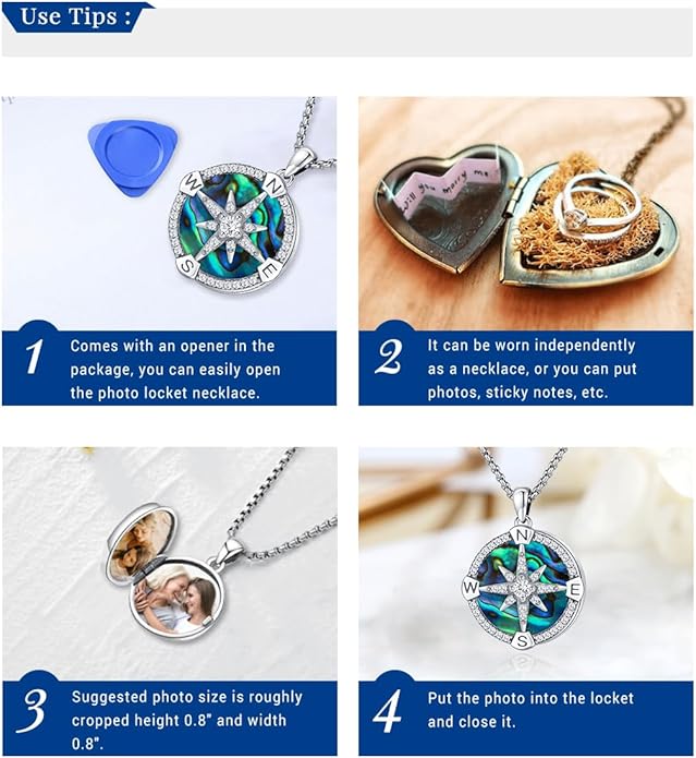 Compass Necklace for Women Men 925 Sterling Silver Pendant Urn Necklaces for Ashes Picture Locket Necklace Anchor Necklace Viking Necklace Crystals CZ Moonstone Abalone Shell Turquoise Compass Jewelry