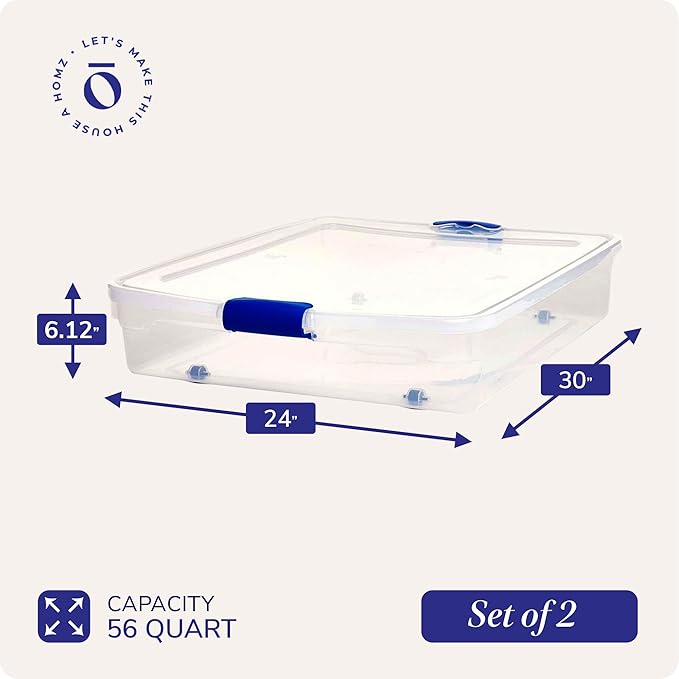HOMZ 2-Pack Under Bed Storage, Clear Plastic Containers with Lids, 56 Quart, Blue Latch - Stackable Underbed Organizer Bins for Shoes, Bags, Clothes, and Towels