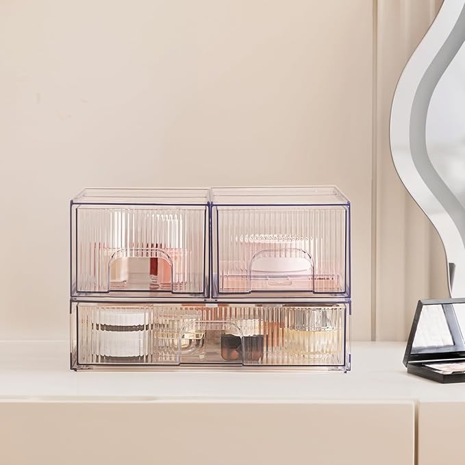 Vorey Clear Stackable Desk Storage Drawers, 3 Pack Acrylic Bathroom Makeup Organizers, Easily Assemble All Purpose Plastic Bins for Brightroom, Pantry Organization, Vanity, Undersink, Cabinet