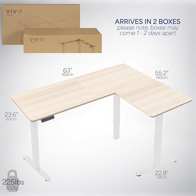 VIVO Electric Corner 63 x 55 inch L-Shaped Standing Desk, Memory Height Adjustment, Light Wood Top White Frame, DESK-E3CTC