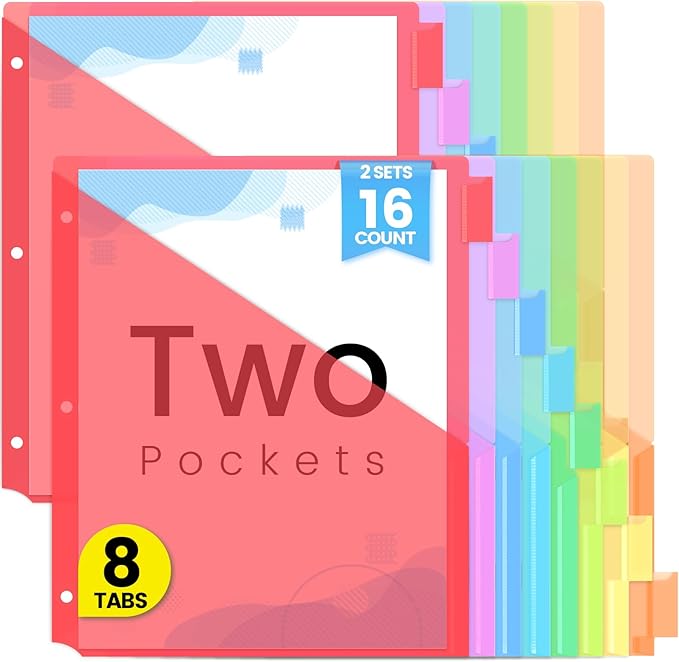 Sooez 16 Count Dividers with Pockets, 8 Tabs Binder Dividers for 3 Ring Binders, Binder Dividers with tabs, Binder Divider with Pockets for US Letter Size, Insertable Big Tabs, Red, Set of 2
