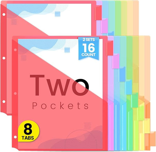 Sooez 16 Count Dividers with Pockets, 8 Tabs Binder Dividers for 3 Ring Binders, Binder Dividers with tabs, Binder Divider with Pockets for US Letter Size, Insertable Big Tabs, Red, Set of 2