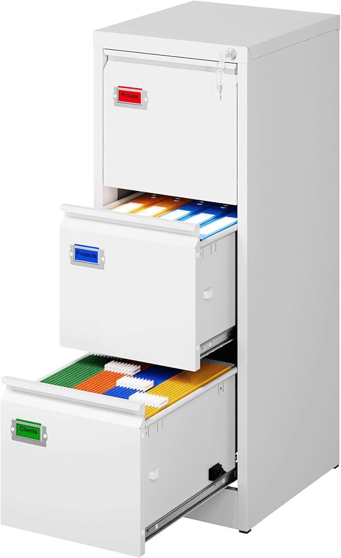 PEUKC 3-Drawer File Cabinet with Lock, 16.3" Deep Vertical Filing Cabinets, Metal File Cabinets for Home Office, Anti-Tip 3 Storage Drawers for Letter/Legal/A4/F4 Size (Assemble Required, White)
