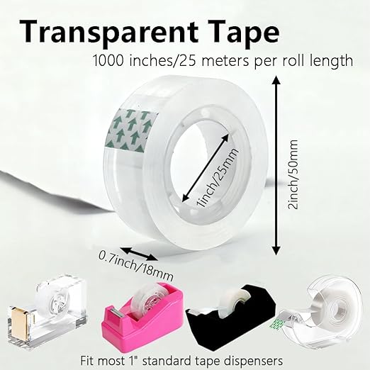 Zizlurnar 12 Rolls Transparent Tape Refills Rolls, Clear Tape,1 in Core，3/4 x 1000 in，Gift Packaging Tape Refill Roll for Office, Home, School