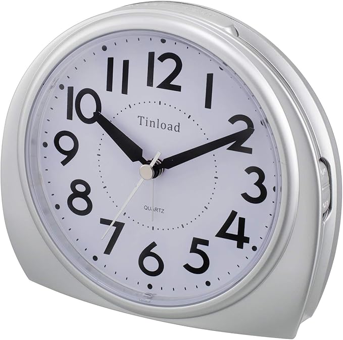 Tinload 5.5" Large Analog Alarm Clock Silent Non Ticking, Gentle Wake, Beep Sounds, Increasing Volume, Battery Operated Snooze and Manual Light, Easy Set,Silver(Best for Elder)