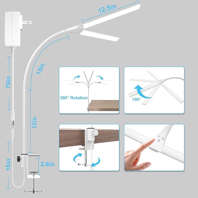 Hensam LED Desk Lamp with Clamp, Double Head Desk Light for Home Office, Dimmable Desktop Light, 12W 1400lm Eye-Caring Architect Table Lamp for Workbench Monitor Computer Reading Study, White
