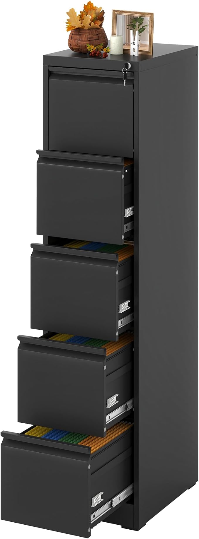 Yukimo 5 Drawer File Cabinet with Lock, Vertical Filing Cabinets for Home Office, Locking File Cabinet Hanging Files for A4/ Legal/Letter, Require Assembly, Black