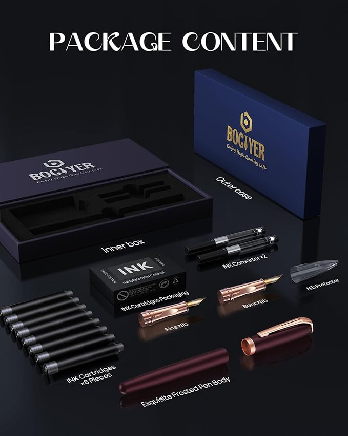 BOCIYER samurai Fountain Pen Set,Hand Polished Medium Nib,Calligraphy Nib(Bent Nib),Includes 8 Ink Cartridges,Ink Refill Converter*2 And Gift Box,Best Pen Gift Set for Men & Women(Dark red)