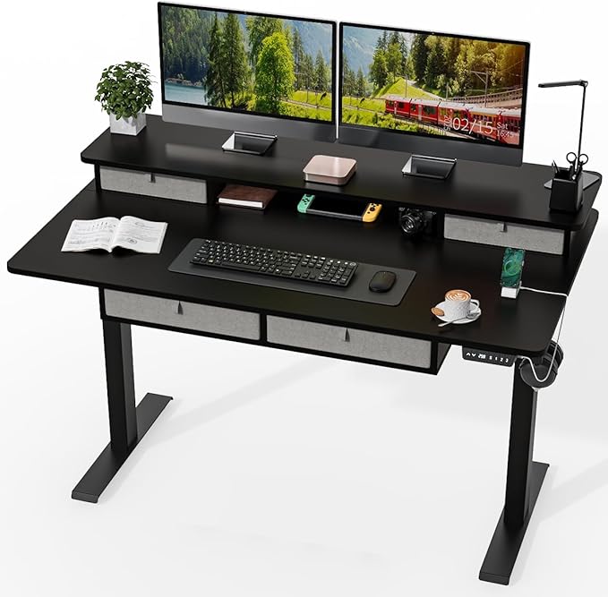 Kingant 55 x 30 Inch Electric Standing Desk with 4 Drawers, Adjustable Height Computer Desk for Home Office, Large Workstation Sit Stand Up Desk with Built-in USB A/C Charging Ports, Black