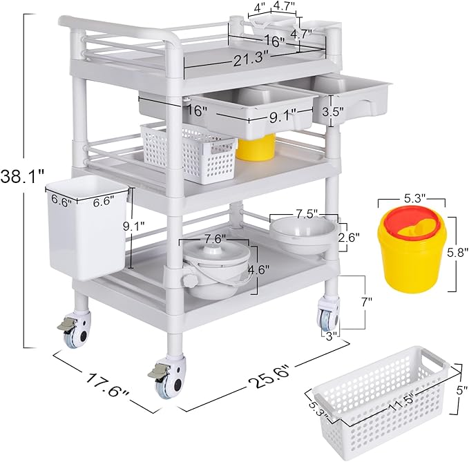 Mobile Medical Carts 3 Tier Professional Utility Cart 330 LBS Max Load Rolling Crash Cart Ultrasound Trolley with Wheels Drawers Dirt Bucket Sharps Box Storage Basket for Hospital Dental Clinic Home
