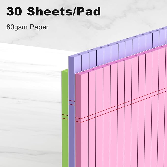 AILZFEI Colored Legal Pads 8.5 x 11 Note Pads 8.5 x 11 inch, Wide Ruled Clear Print Writing Pads 30 Sheets/Pad, 80gsm Colored Paper, Perforated Notepad with Sturdy Back (3 Pads)