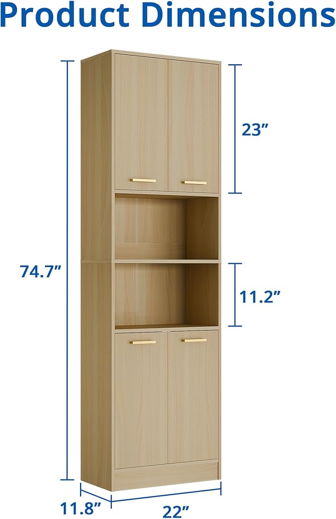 Cozy Castle Kitchen Pantry Cabinet, 75" Tall Wood Storage Cabinet with Doors and Shelves, 4 Doors Open Countertop Utility Hutch Cupboard for Dining Room Living Room Bathroom Furniture, Oak