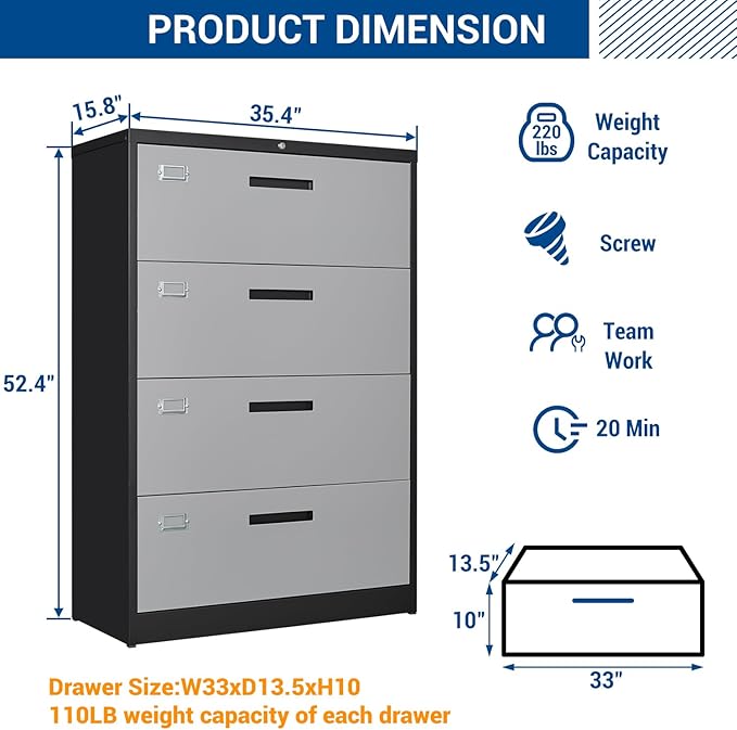 Fesbos Metal Steel 4 Drawer Lateral File Cabinet with Lock, Filling Cabinets for Home Office, Lockable Storage Cabinet for Hanging Files Letter/Legal/F4/A4 Size-Assembly Required