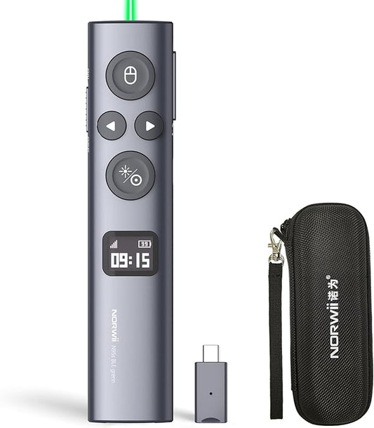 Norwii N95s BLE Presentation Clicker with Digital Pointer for PowerPoint Presentation on TV Screen and Projection Screen, Wireless Presenter Remote with Countdown Timer (Green Light-USB-C)