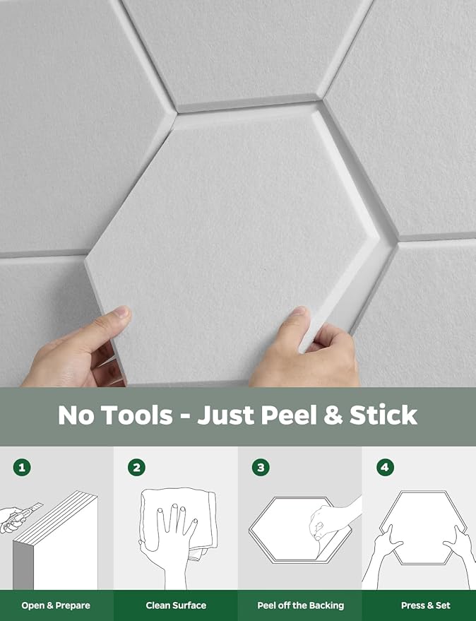 Large Bulletin Board 12" x 10", 12 Pack White Cork Boards for Walls, Self-Adhesive Hexagon Felt Pushpins Wall Tiles, Display for Messages, DIY Notice, Photo Decorations, Classroom, Office, Bedroom