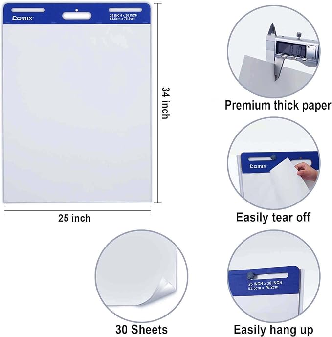 Comix Sticky Easel Pad, 25 x 30 Inches Flip Chart Paper for Teachers, Large Self Stick Easel Paper, 30 Sheets/Pad, 2 Pads/Pack