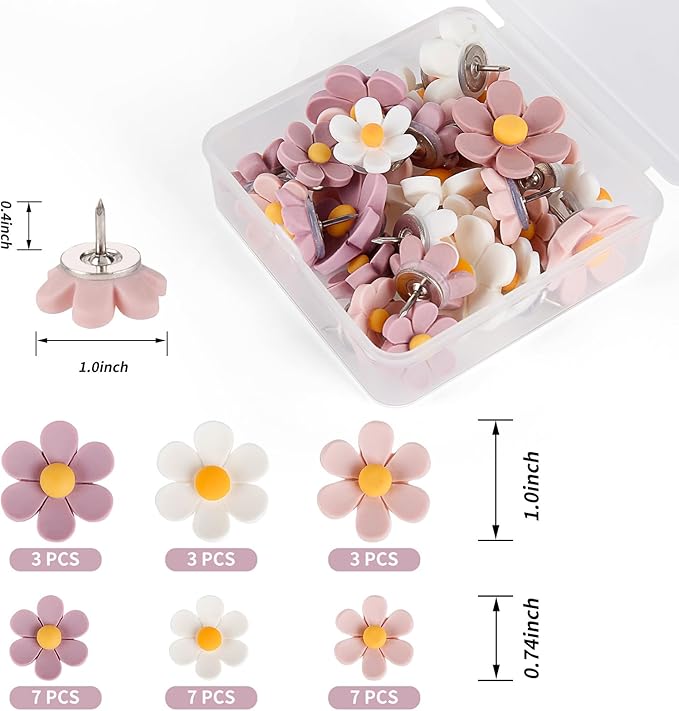 30pcs Decorative Flower Push Pins - Pink Thumb Tacks for Cork Board, Photo Wall, Feature Wall, Map, Bulletin Board, Office or Home