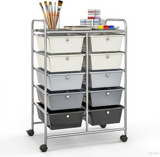 GLACER 10 Drawer Rolling Cart, Storage Cart with Lockable Whieels & Metal Frame, Trolley for Art Craft Oganizer, Mobile Utility Cart for Office, School, Classroom, Kitchen (Gray Gradient)