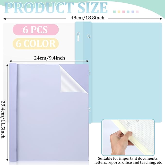 6 PCS Pastel Plastic Report Covers with 3 Prongs Clear Front Presentation Folders 3 Prong Folders for Resume Portfolio Document Report Letter Proposal School Classroom Office Supplies (Pastel)