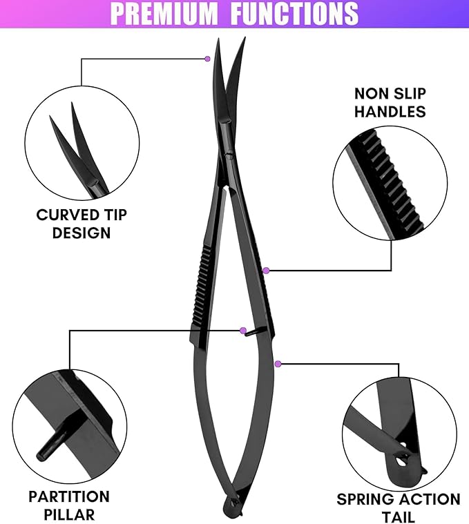 Cross Edge Curved Spring Scissors 5 Inch Stainless Steel Precision Eyebrow & Eyelash Shaping & Trimming Scissor, Snips Squeeze, Embroidery, Knitting Micro Tip Craft Scissors (Black)
