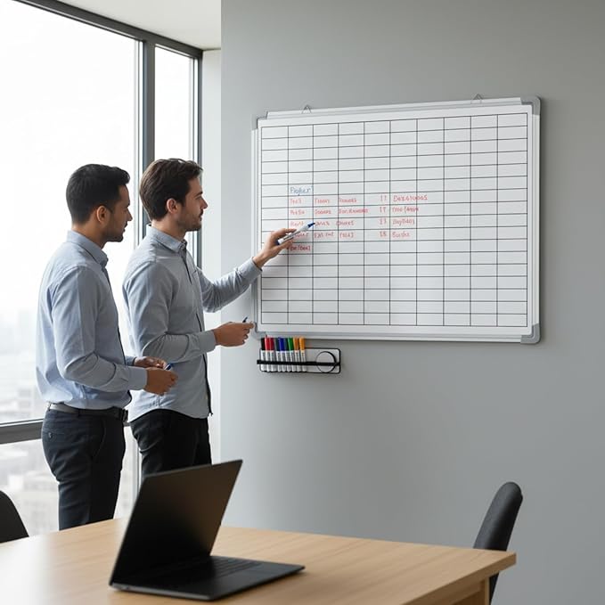 Lined Whiteboard Blank Grid Aluminum Frame Dry Erase Board Reusable Wall Mounted Board for Scheduling, to Do Lists Weekly Planning Home Work(24 x 18 Inch,Whiteboard with Grid)