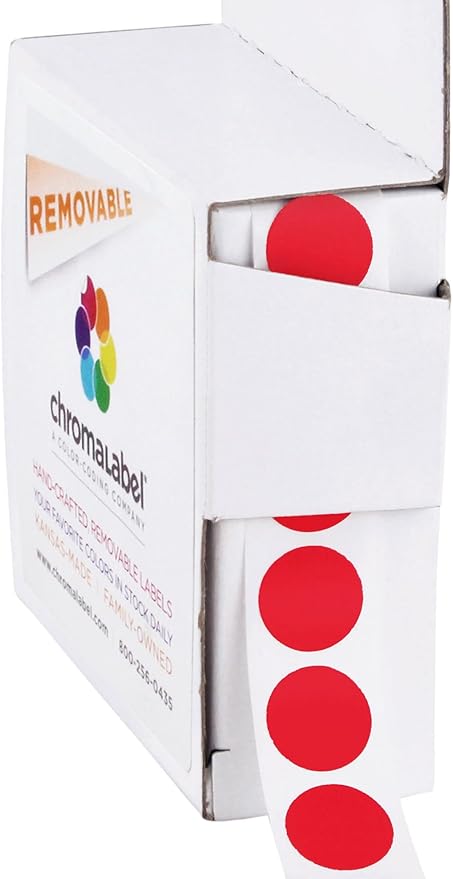 ChromaLabel 1/2 Inch Round Colored Stickers, Removable Sticky Dots Color Coding Labels, Ideal Colored Dot Sticker for Arts and Crafts - 1000 Sticker Labels per Dispenser Box, Red Dot Stickers