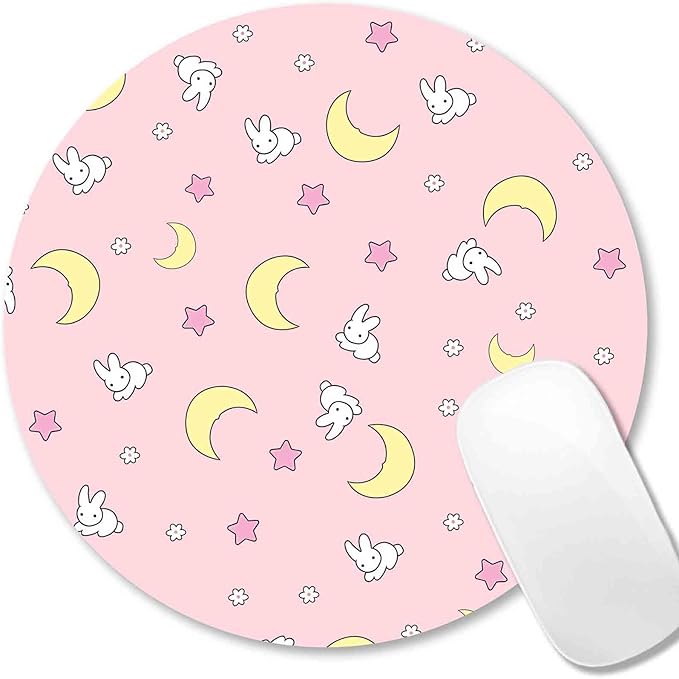 IMAYONDIA Pink Kawaii Round Mouse Pad, Cute Moon Bunny Small Mouse Mat，Aesthetic Anime Mousepad for Women Kids Office Home School, Computer PC Laptop Pastel Mice Pad, 7.9 x 7.9 in