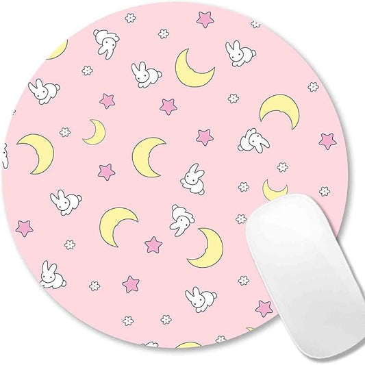 IMAYONDIA Pink Kawaii Round Mouse Pad, Cute Moon Bunny Small Mouse Mat，Aesthetic Anime Mousepad for Women Kids Office Home School, Computer PC Laptop Pastel Mice Pad, 7.9 x 7.9 in