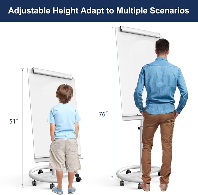 TSJ OFFICE Rolling Whiteboard Standing - 40 x 26 Inches Magnetic Mobile White Board with Stand, Height Adjustable Dry Erase Board on Wheels with Paper Clamp on Top, White