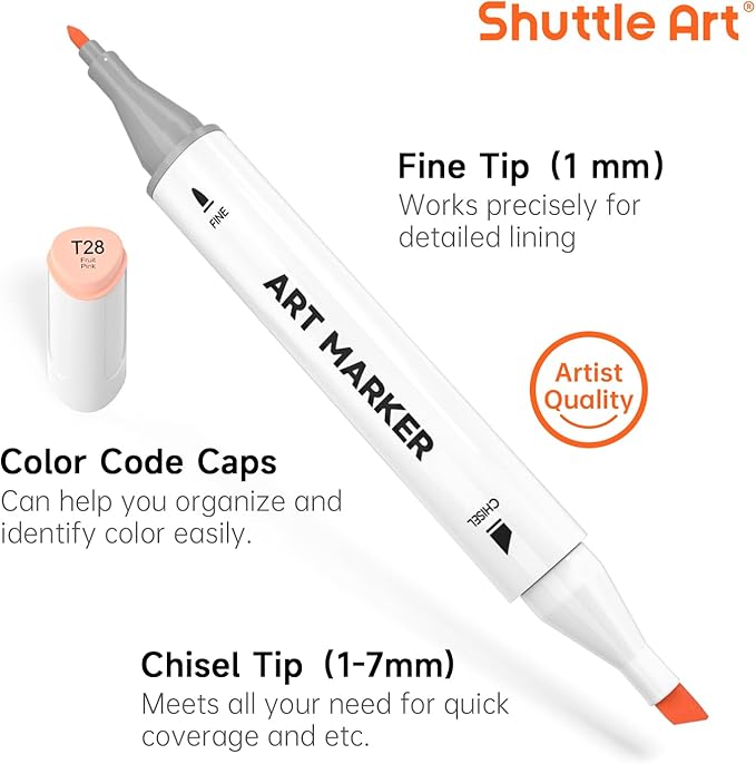 Shuttle Art 36 Colors Skin Tone&Hair Art Markers, Dual Tip Alcohol Based Marker Pen Set Contains 1 Blender 1 Carrying Case 1 Marker Pad Perfect for Kids & Adults Portrait,Comic, Anime, Manga