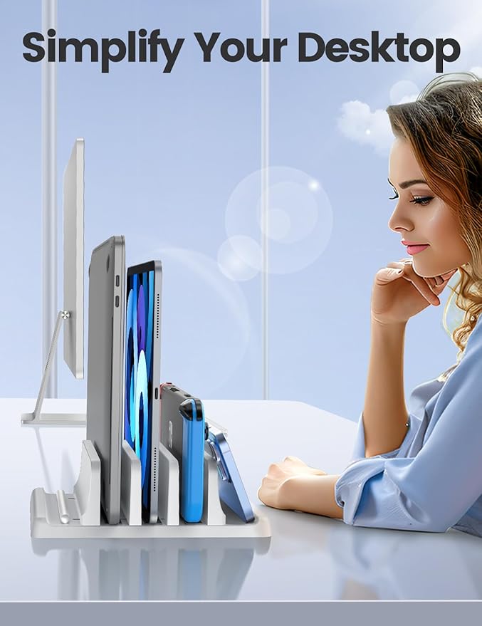 Vaydeer 3-Slot Vertical Laptop Stand Made of Premium ABS Plastics 5 in 1 Design Space-Saving Adjustable Desk Organizer for All MacBook/Chromebook/Surface (White)