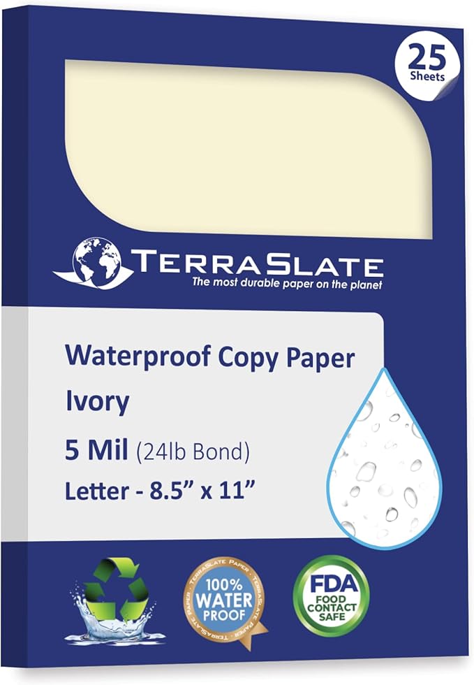 TerraSlate Waterproof Paper, Rip-Proof Colored Paper, Ivory, 25 Sheets, 5 Mil (24lb Bond), 8.5" x 11", Laser Printer and Copy Machine Compatible