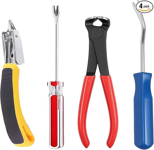 4 Pcs Staple & Nail Puller Tool Kit – Upholstery Staple Remover, Tack Lifter, Nail Puller Pliers & Fastener Remover for Furniture, Floor, Wall, Wood, Car, Photo Frame