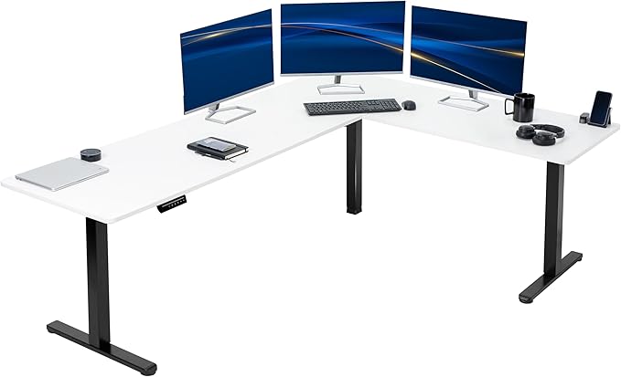VIVO Electric Corner 84 x 63 inch L-Shaped Standing Desk, Memory Height Adjustment, White Top Black Frame, DESK-E3CTBW-84
