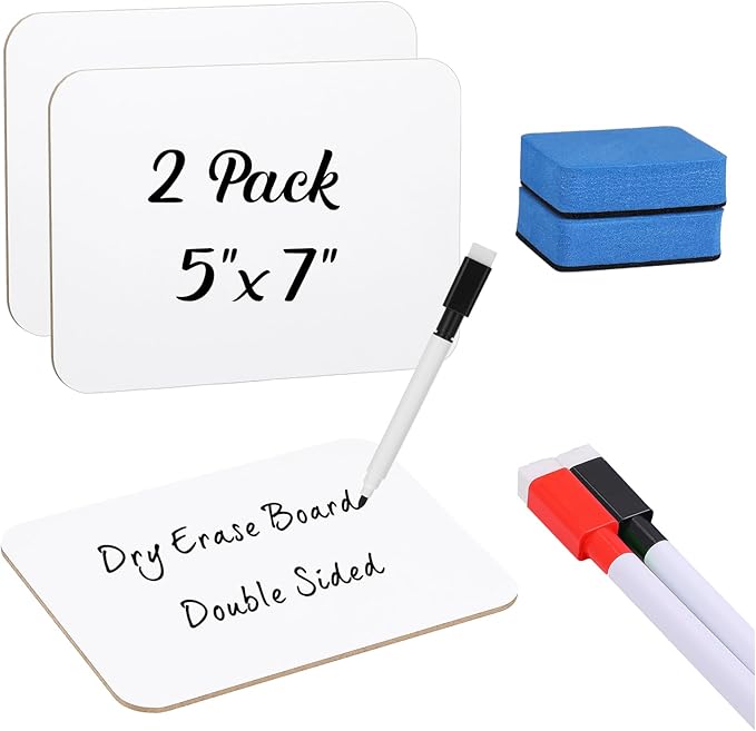 Affrolling 2 Sets Small Whiteboard Dry Erase Boards 5" x7'' Mini Double Sided Dry Erase Lap Boards with Markers Erasers Pen Holders Personal Whiteboards for Students Classroom Teacher