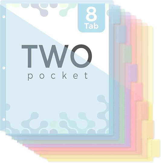 SKYDUE Binder Dividers with Pockets 8-Tab for 3-Ring Binder, Plastic Binder Dividers with Write on Tabs for School Office Home Blue