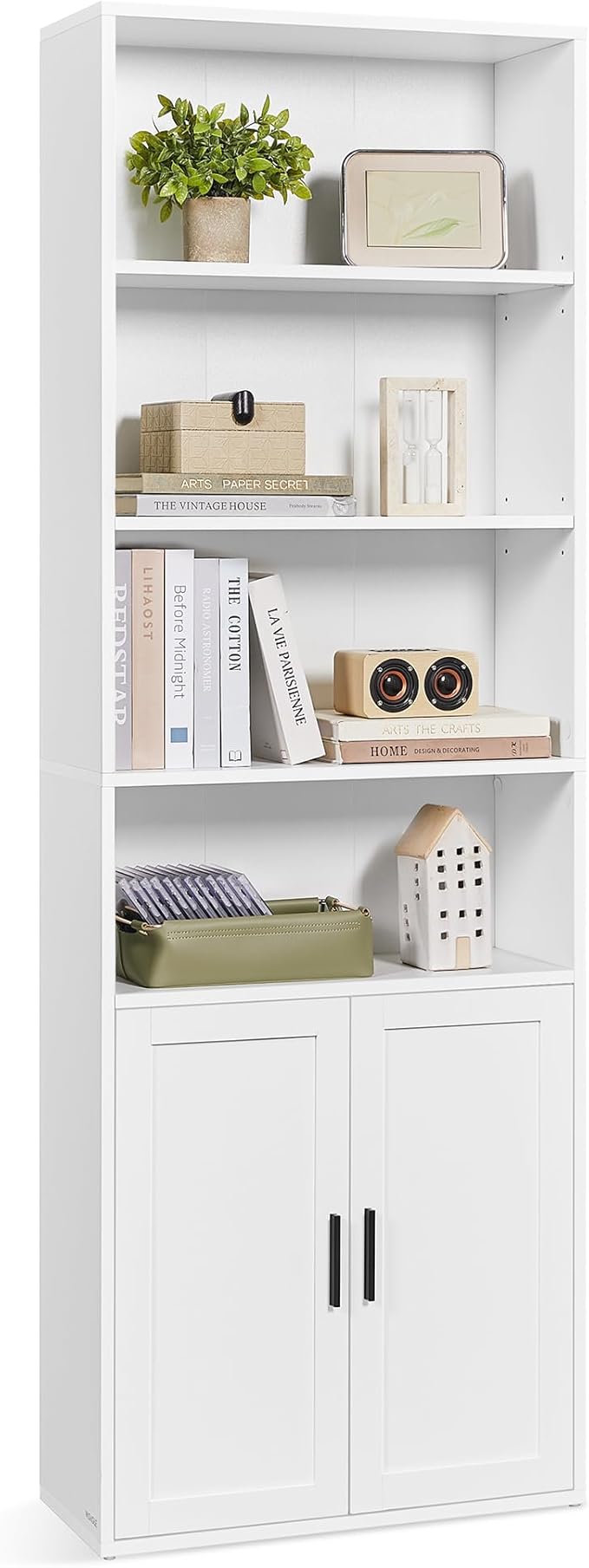 VASAGLE Custos Collection - Bookshelf, 6-Tier Tall Bookcase, Book Shelf with Doors, Open Storage Shelf, 9.4 x 23.6 x 68.9 Inches, for Living Room, Home Office, Dining Room, Cloud White ULBC402W01