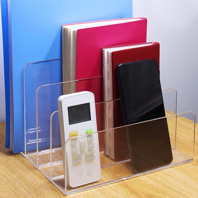 Halyuhn Acrylic File Organizer, 4Sections Clear Desk Organizer for Home Office, Desktop File Folder, Acrylic Mail Organizer Countertop for Notebook, Document and Paper, Clear File Holder,1Pcs