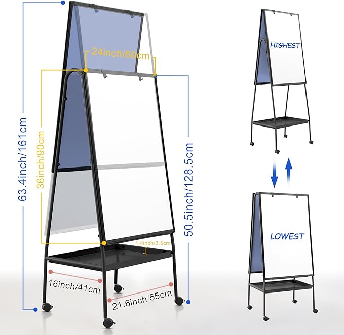 MAKELLO Rolling Whiteboard on Wheels 36x24 in, Double Sided Mobile White Board with Storage Tray for Office School Home, Magnetic Classroom Easel for Teacher, Height Adjustable, Aluminum Frame, 3'x2'