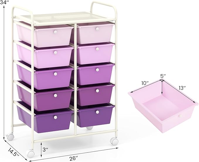 GLACER 10 Drawer Rolling Cart, Storage Cart with Lockable Whieels & Metal Frame, Trolley for Art Craft Oganizer, Mobile Utility Cart for Office, School, Classroom, Kitchen (Purple Gradient)